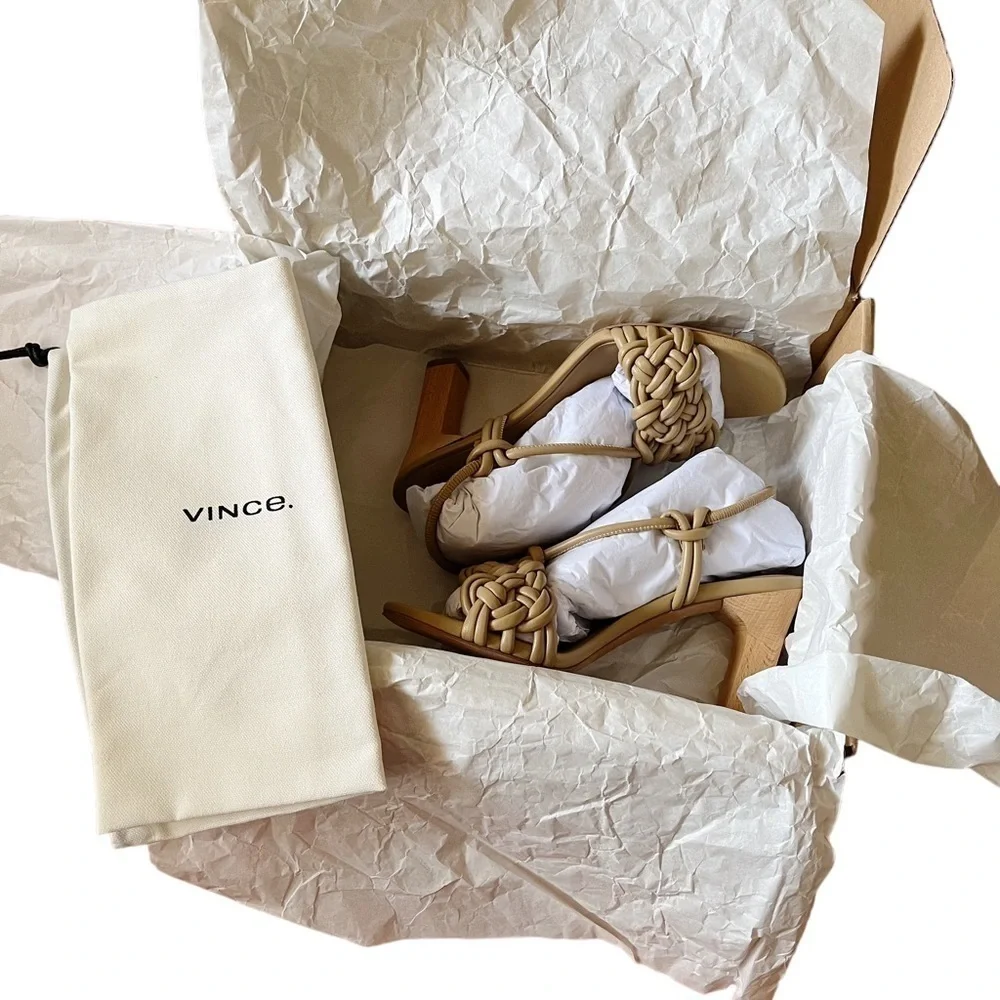 Vince braided leather “Quenelle” slingback heeled strappy sandals in “dune” tan